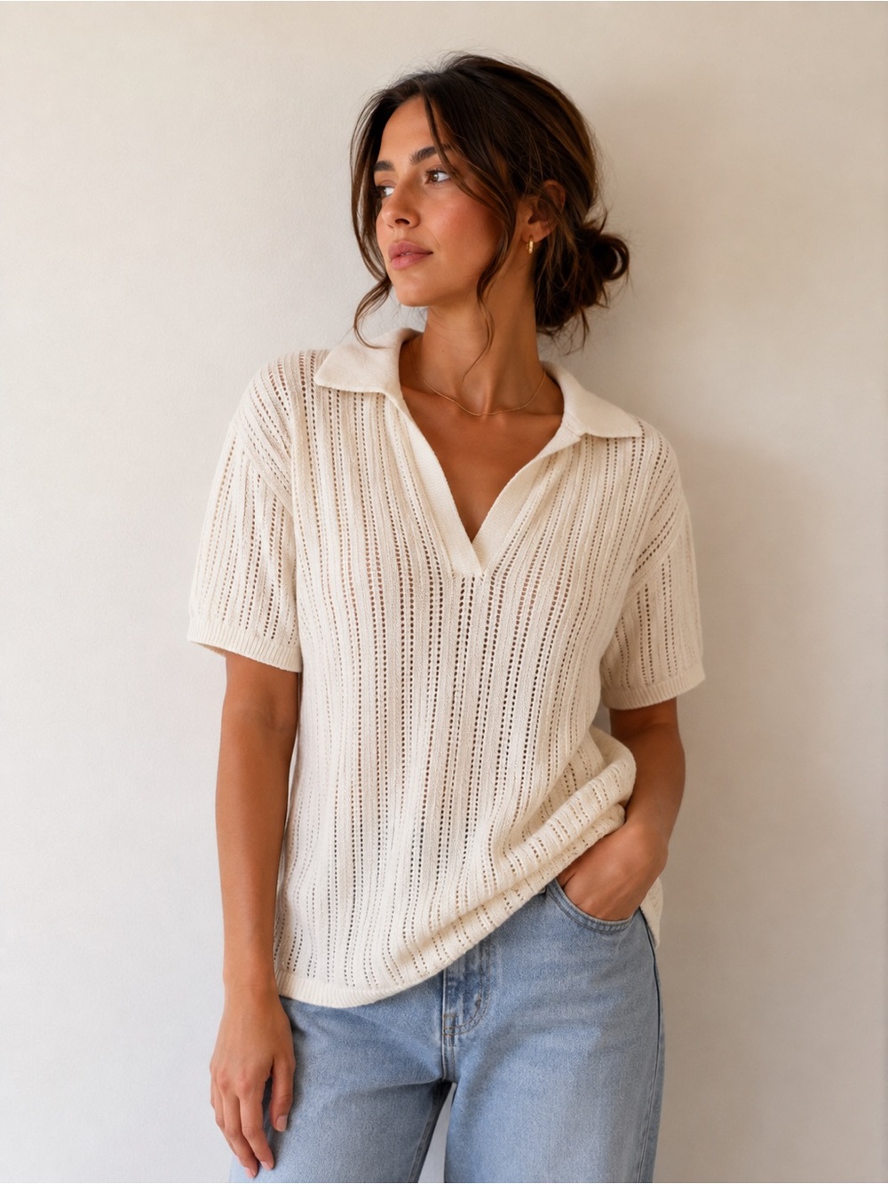 The Upside 100% Organic Cotton Open Knit Polo Top Cream Size S